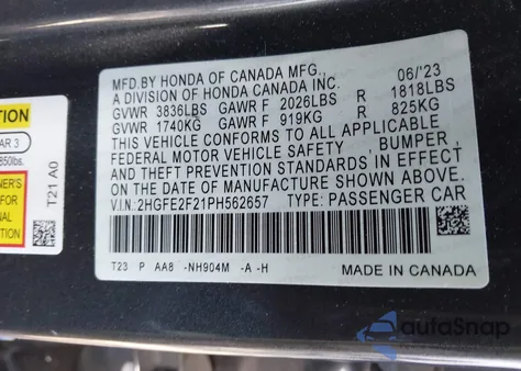 2023 Honda Civic Lx z USA, uszkodzony, nr VIN 2HGFE2F21PH562657